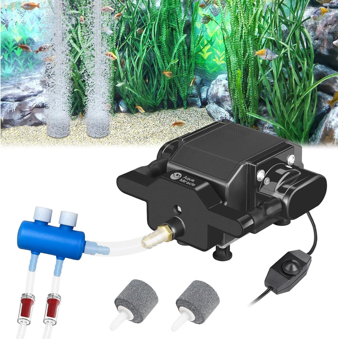 AquaMiracle Quiet Aquarium Air Pump Adjustable Airflow 200/317/475GPH