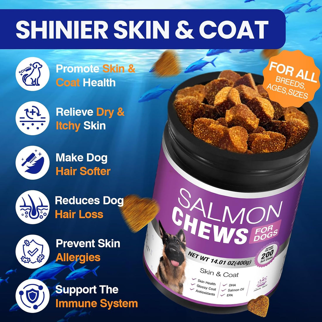 Omega 3 Skin and Coat Supplement for Dogs 200 Chews Dog Fish Oil