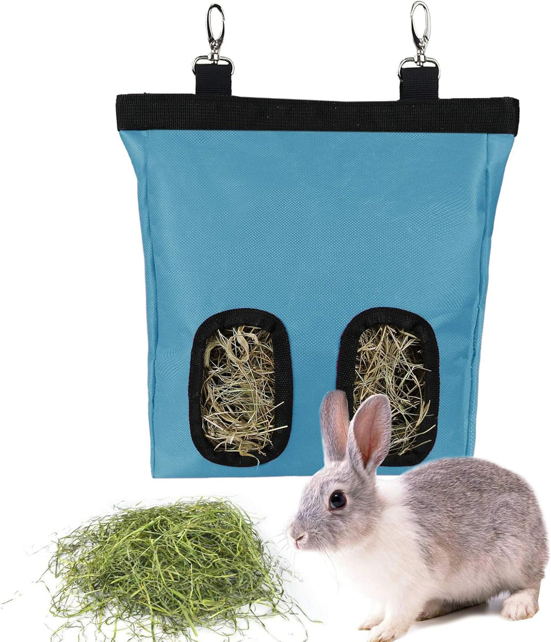 Rabbit Hay Feeder Bag Hanging Hay Rack (Black, 2 Windows)
