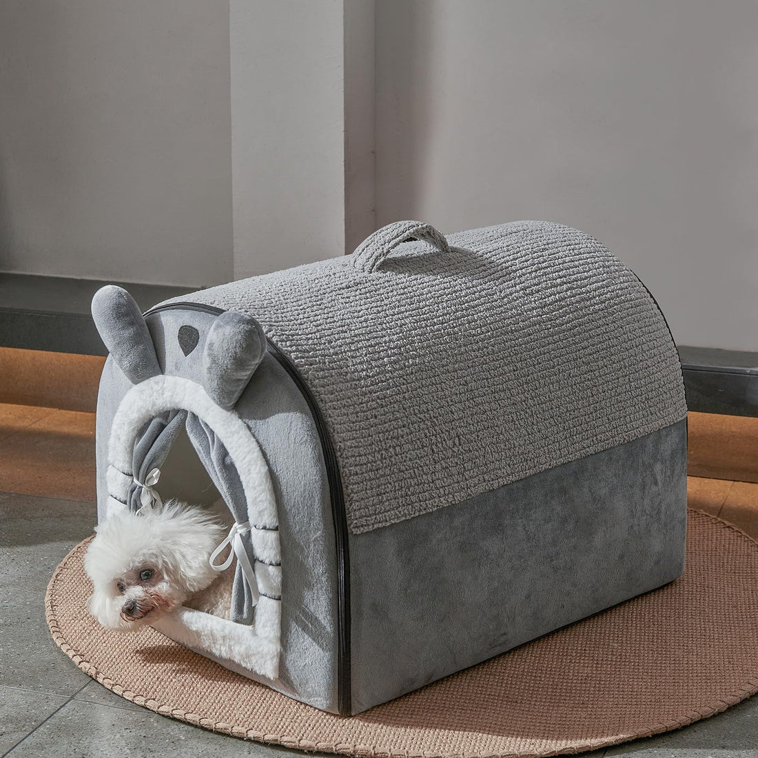 Jiupety Small Dog House Indoor, Cat House with Door Curtain Design