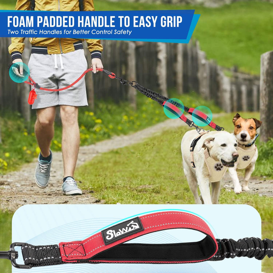 SlowTon Double Leash for Two Dogs, No Tangle & with Two Handles, Red L