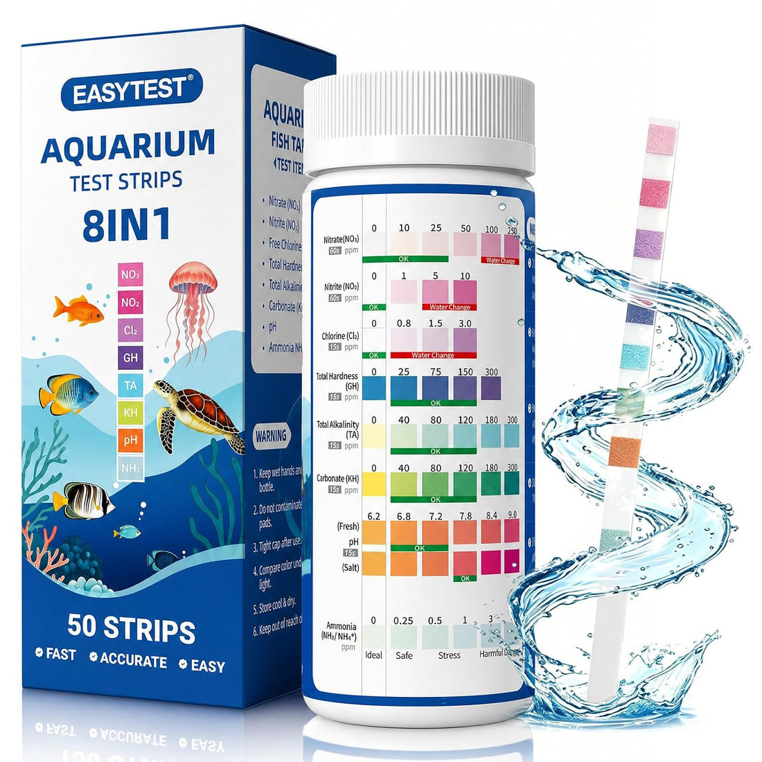 EASYTEST 8-Way Aquarium Test Strips with Ammonia