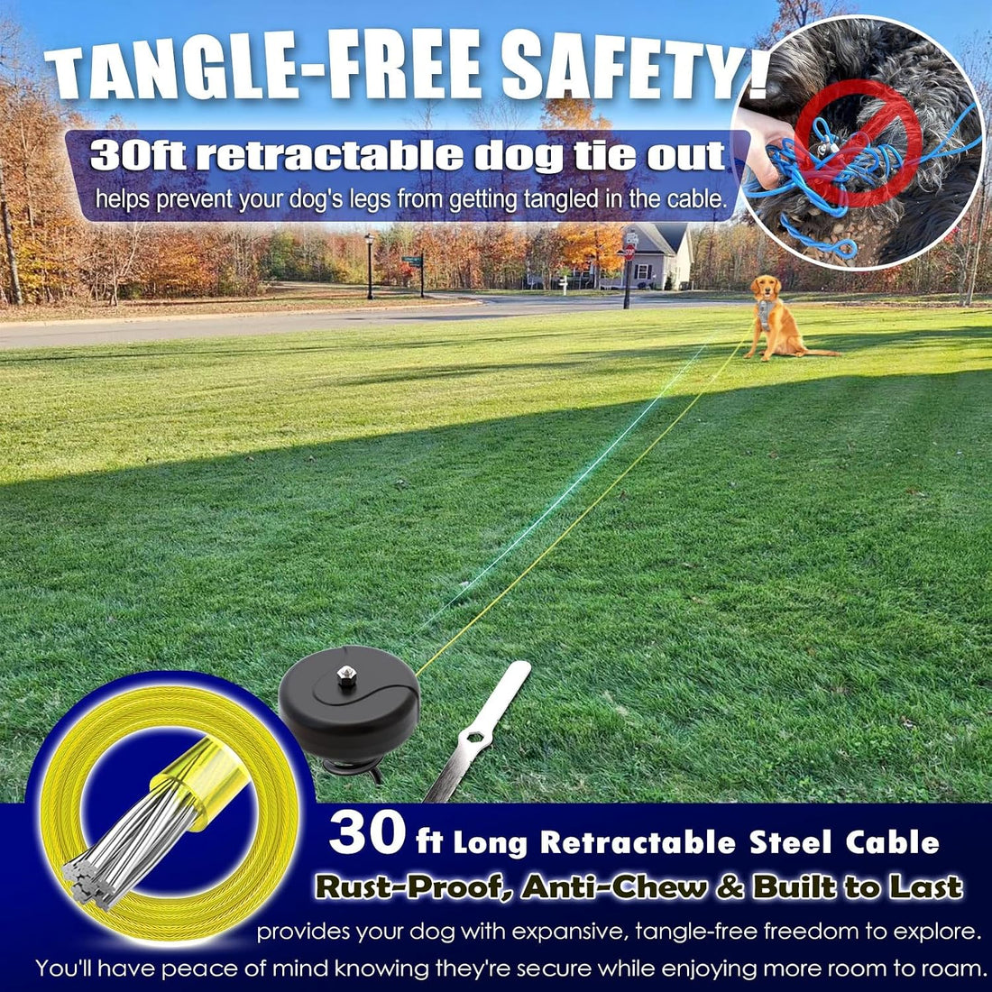 Dog Tie Out Cable and Stake 360° No Tangle Heavy Spiral Yard Stake