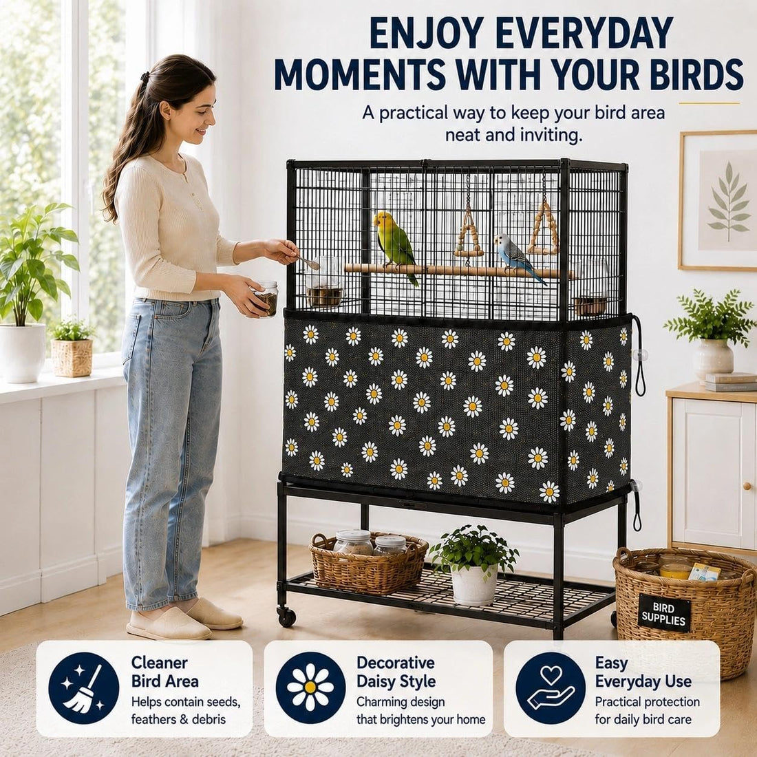 Large Bird Cage Seed Catcher Adjustable Nylon Mesh Bird Cage Net Cover