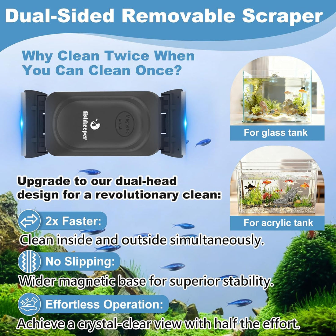 fishkeeper Dual-Blades Magnetic Aquarium Glass Cleaner with 4 Algae