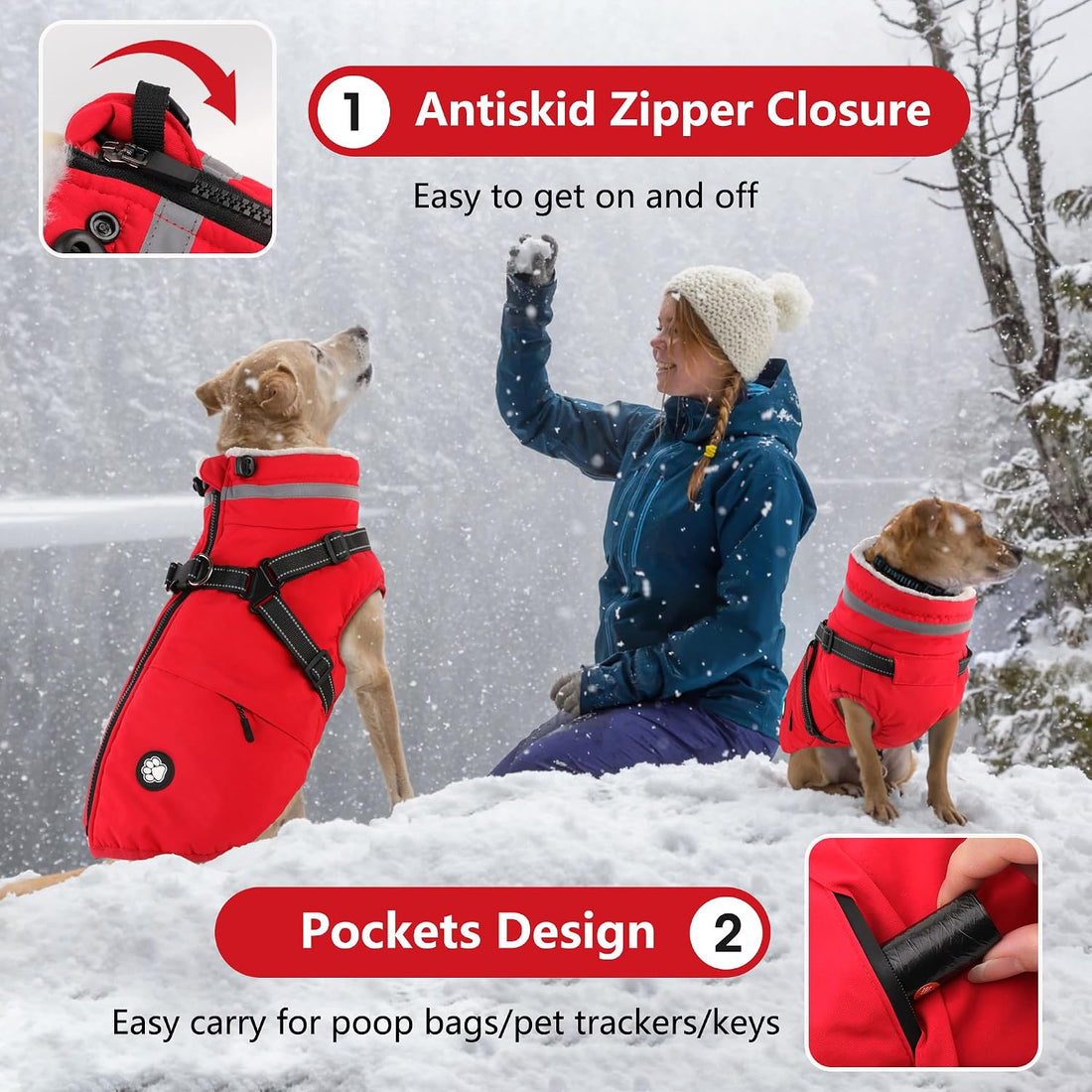 Dogcheer Dog Winter Coat with Harness, Waterproof Dog Warm Jacket