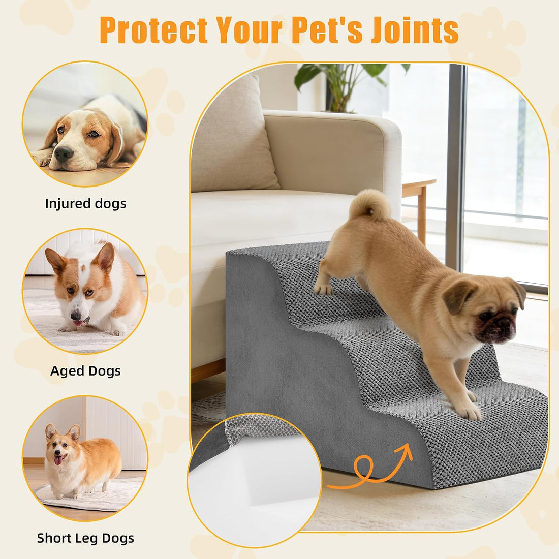 3-Step Dog Stairs for Small Dogs and Cats, 16" H Dog Steps