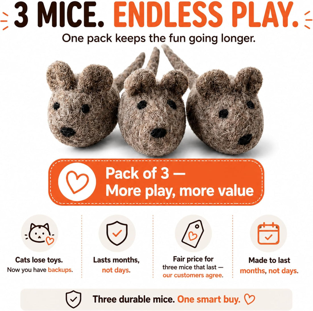 Cat Mice Toy 3 Pack, Felt Mouse Toy for Indoor Cats, No Catnip