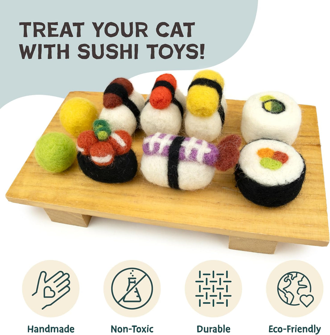 Woolbuddy Sushi Cat Toy Set – Wool Felt Interactive Toys for Indoor
