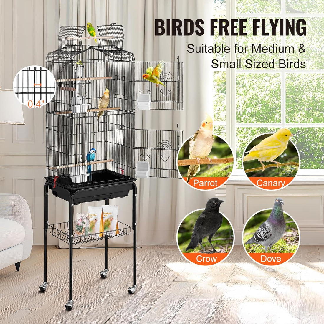 VEVOR 64-inch Open Top Large Parrot Bird Cage with Detachable Rolling