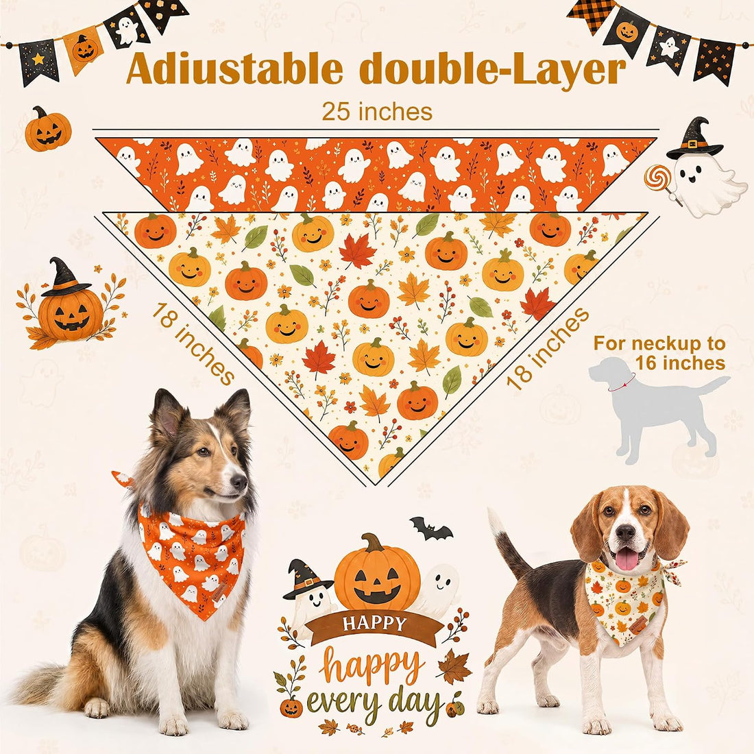 Fall Halloween Dog Bandanas Reversible Pumpkin Leaves Bibs Scarf