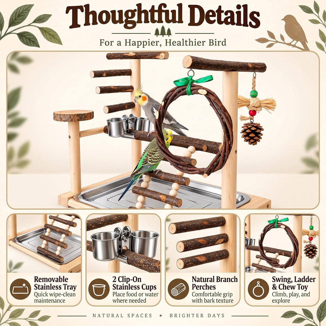 SCETTAR Bird Playground, Natural Wood Parrot Stand with Feeding Cups