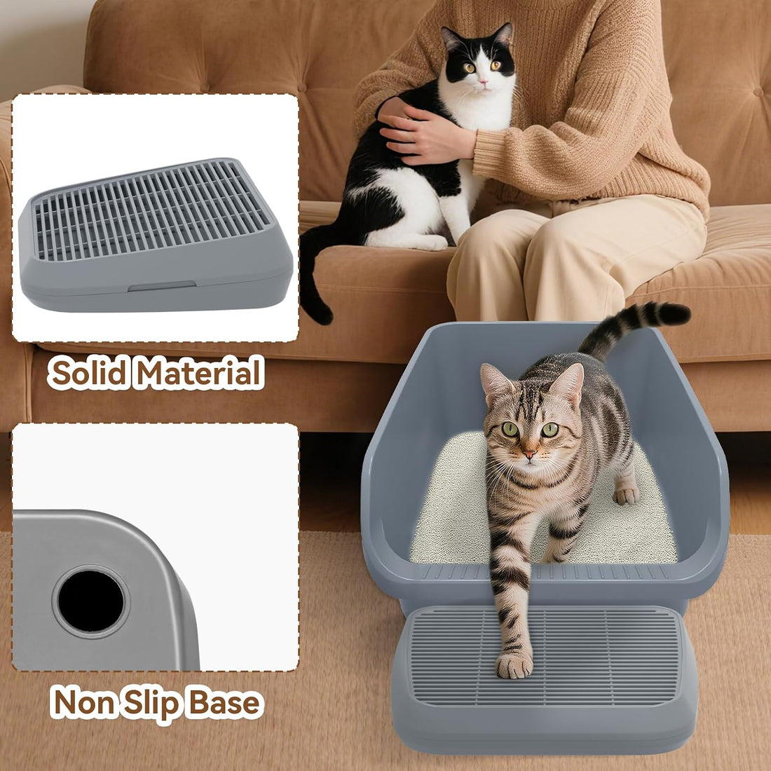 Elevated Litter Box Ramp/Steps for Kittens & Old Cats,Washable Litter