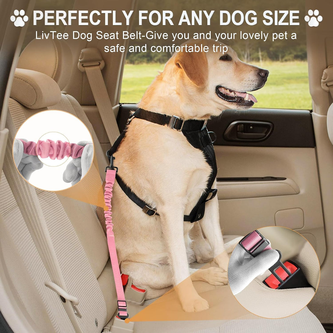 LivTee Dog Seat Belt for Car, Retractable Pet Safety Harness