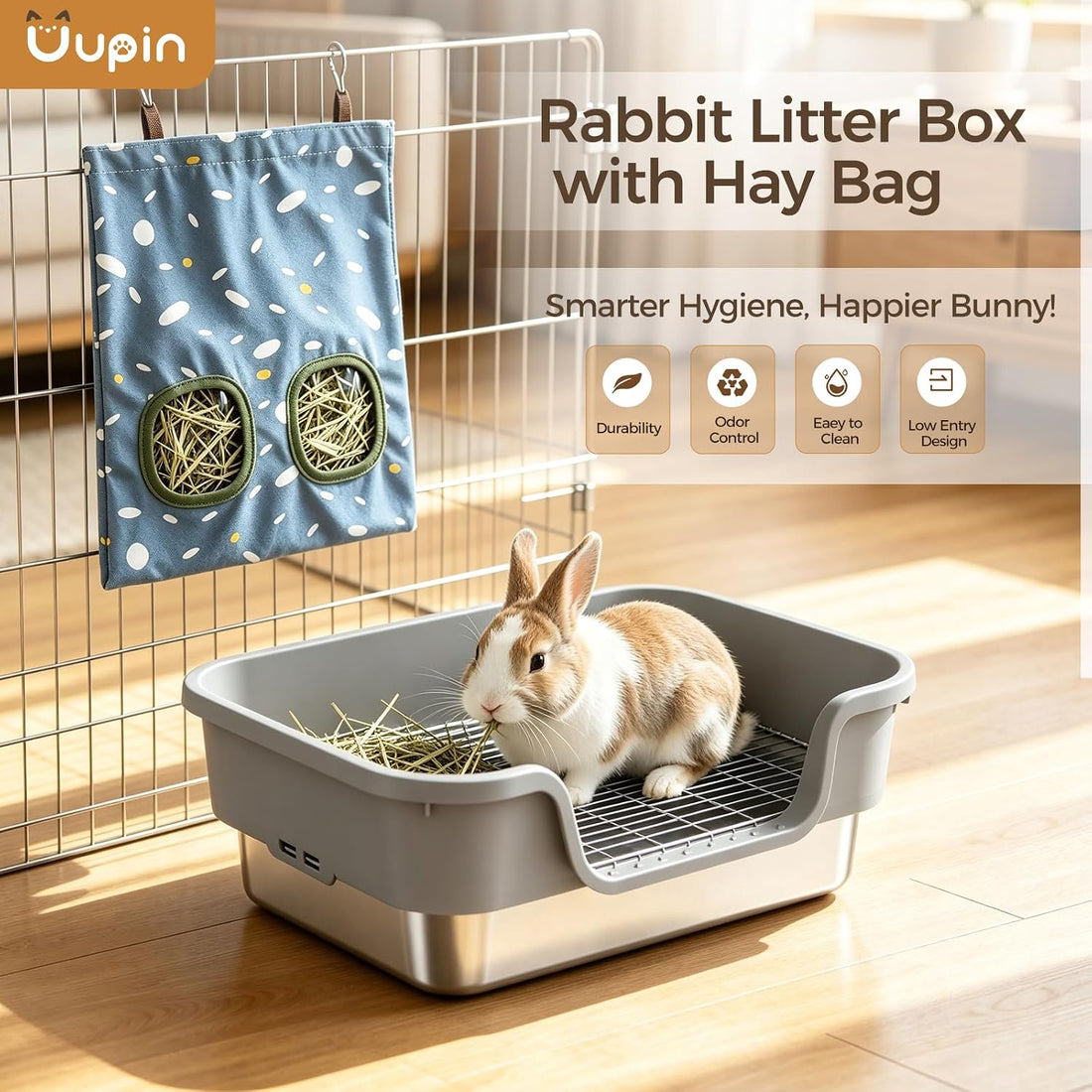 Bunny Litter Box - Stainless Steel Rabbit Litter Box with Hay Feeder