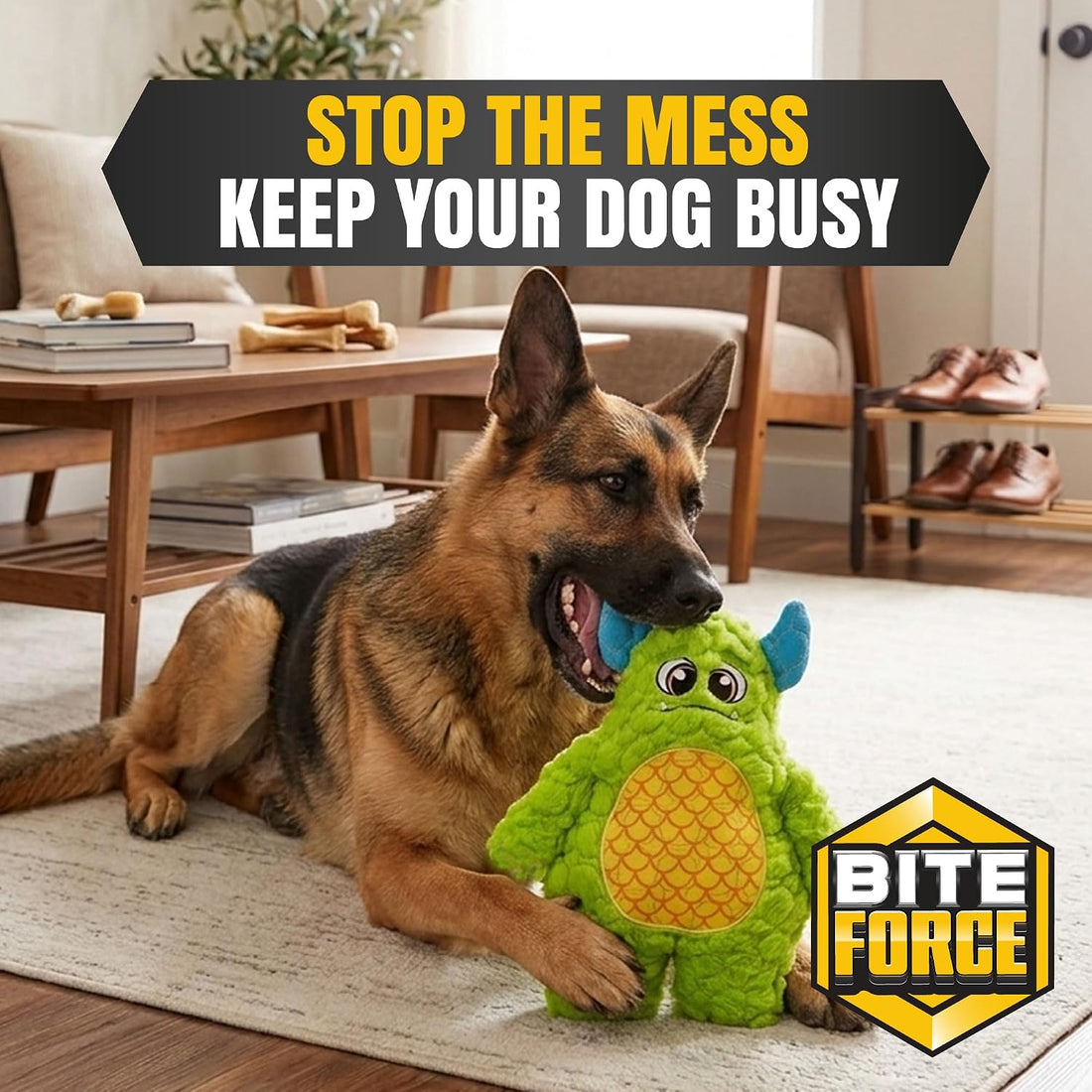 Bite Force Dog Toy - Large Durable & Strong Plush Green Monster Dog