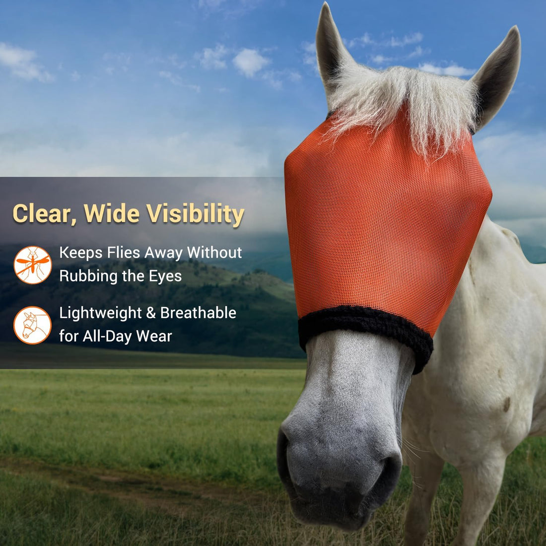 Fly Mask Without Ears for Horses, UV Block & No-Rub (Orange, L)