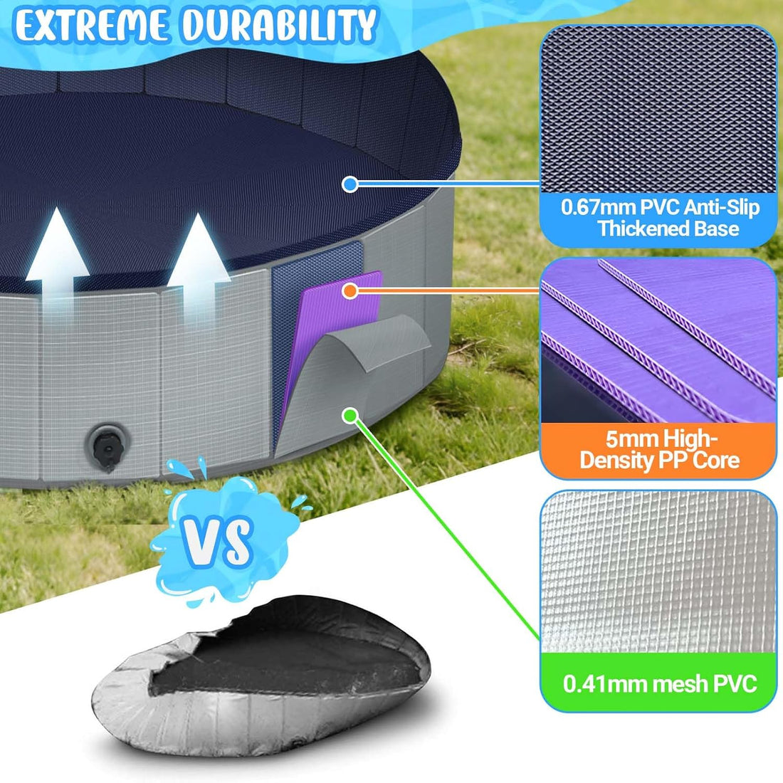 Dog Kiddie Pool for Small Medium Large Dogs, Multiple Pets, 63" Gray