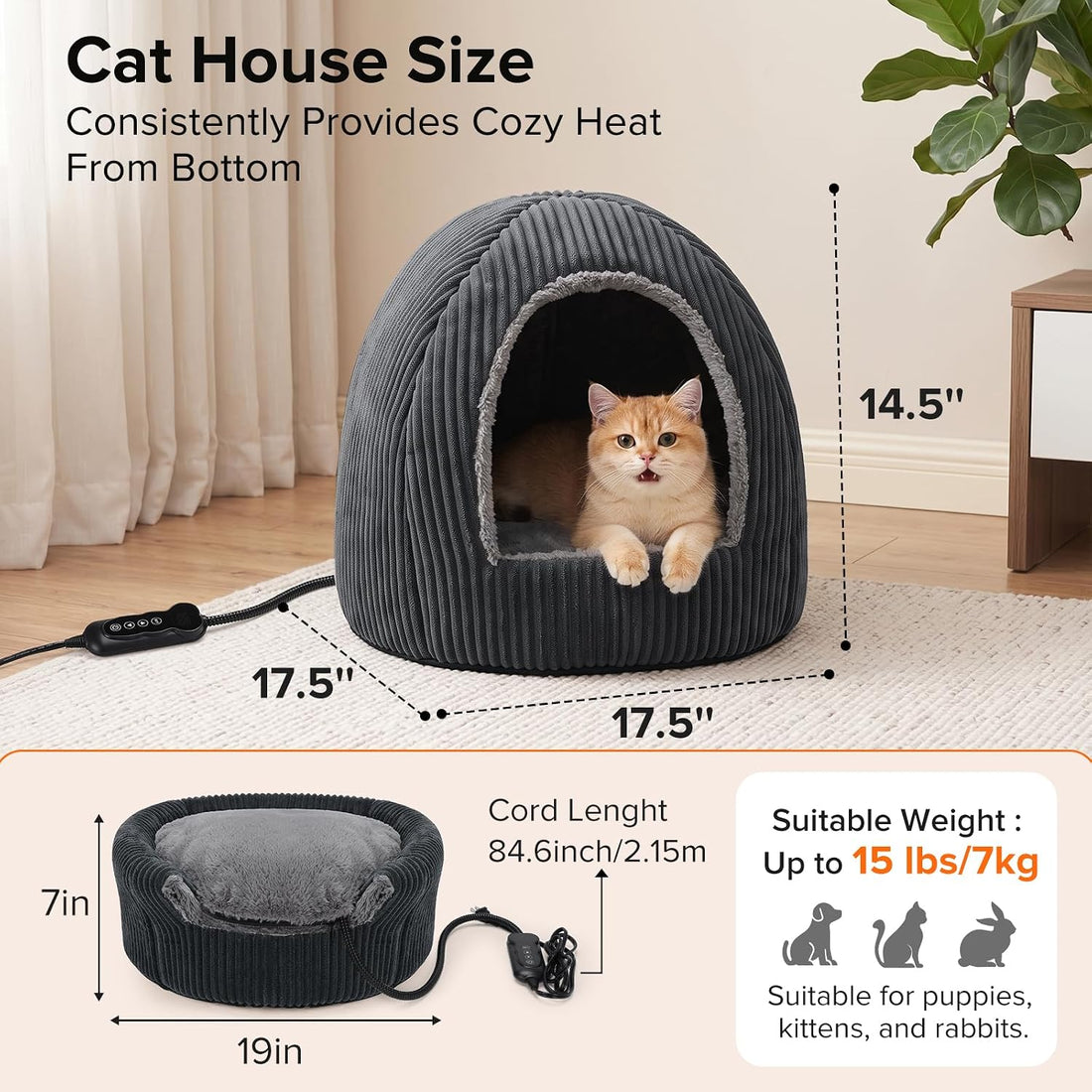 2 in 1 Foldable Heated Cat Cave Beds for Indoor Cats and Dogs