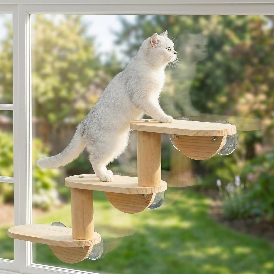 Cat Window Ladder, 3-Level Solid Pine Steps for Climbing and Bird