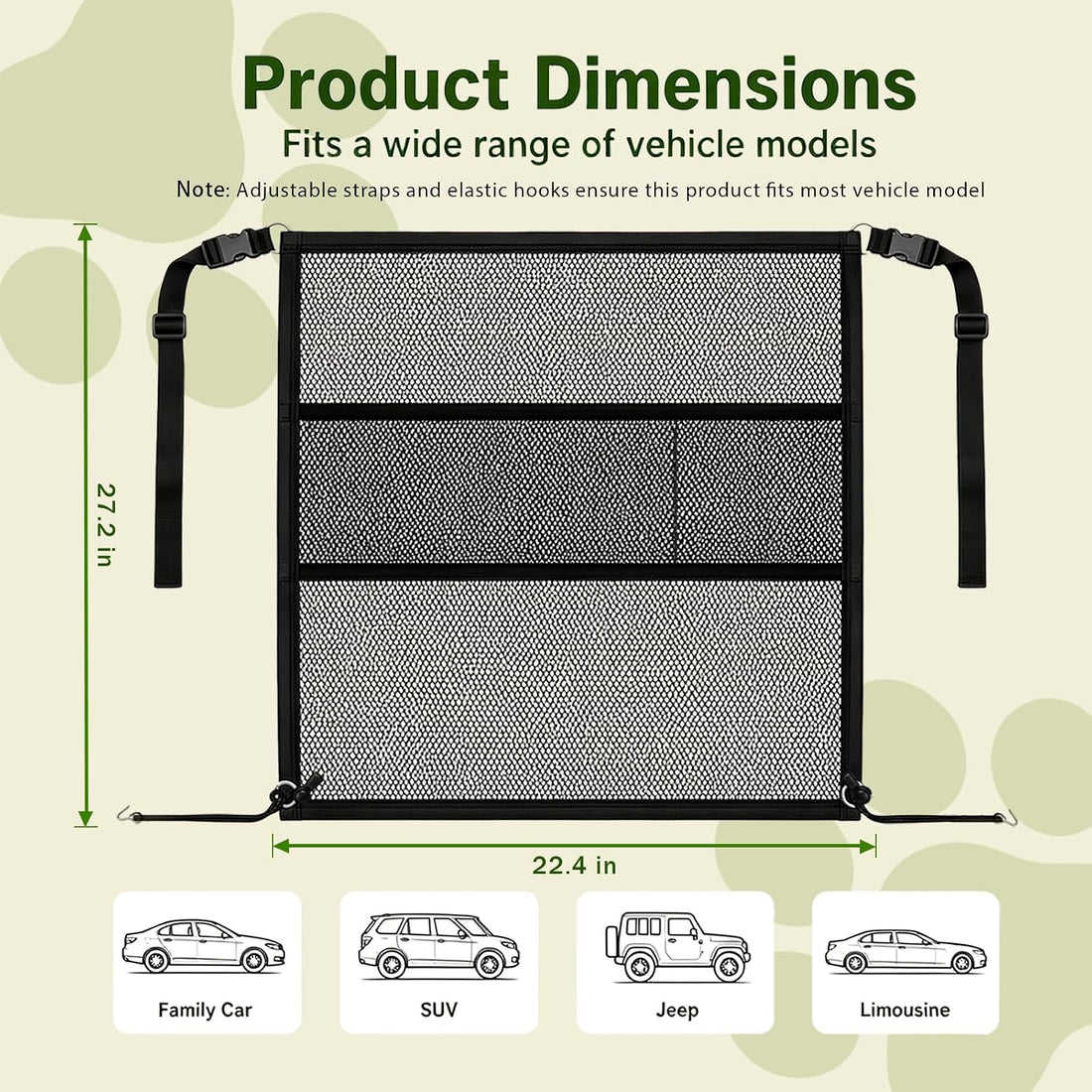 Dog Car Barrier for SUV, Mesh Pet Divider & Storage Gate, 22.4"x 27.2"