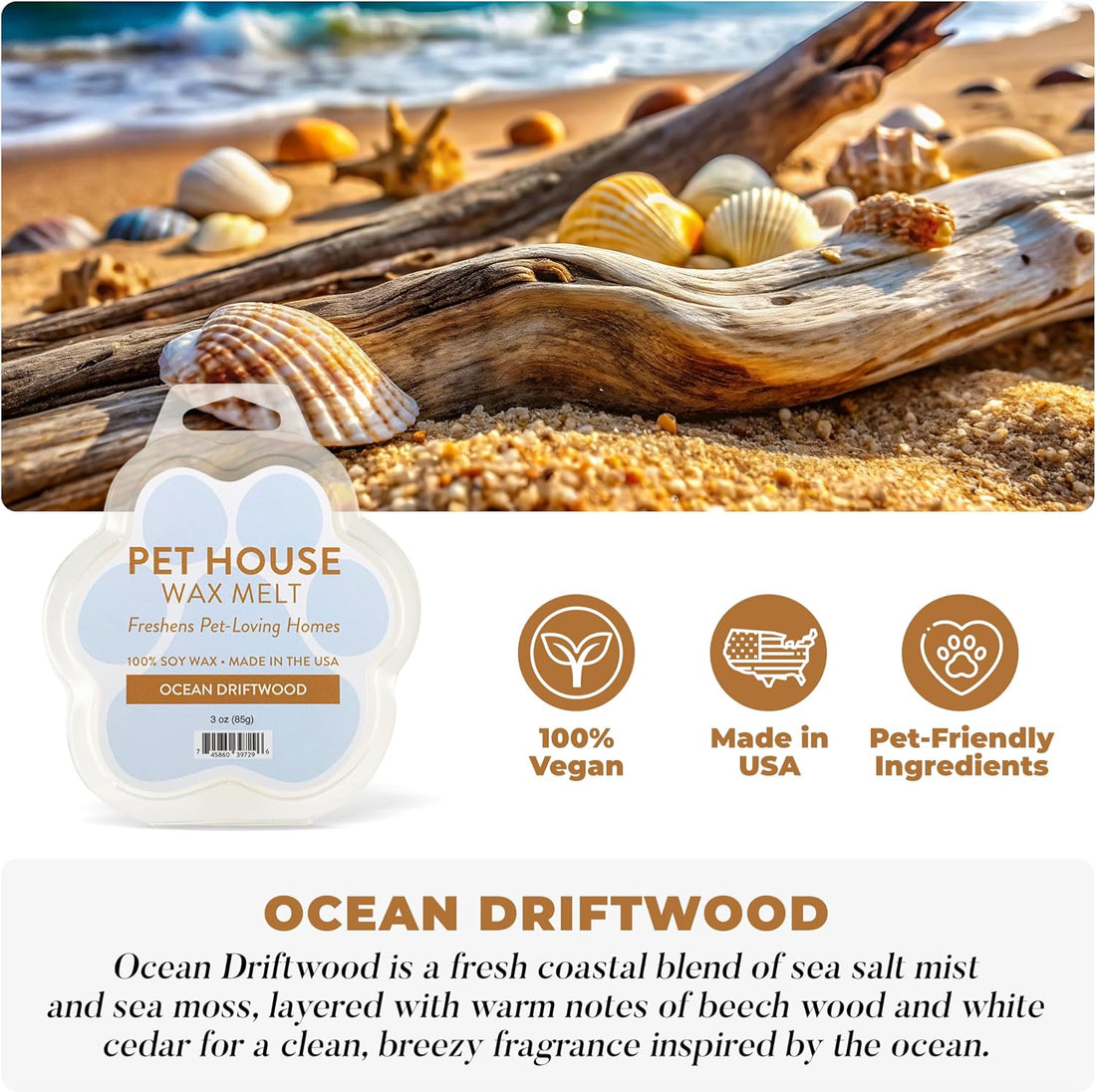Ocean Driftwood Spring and Summer Wax Melts Plant-Based Wax, Pet House