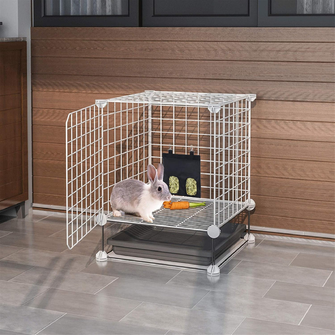 Rabbit Hay Feeder Bag Hanging Hay Rack (Black, 2 Windows)