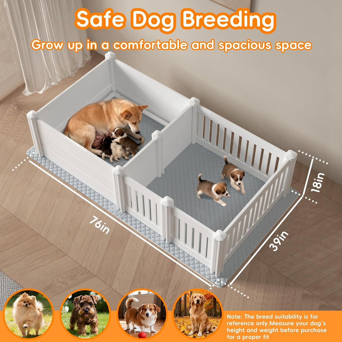 Whelping Box for Dogs, Puppies,with Pig Rails Washable Pad