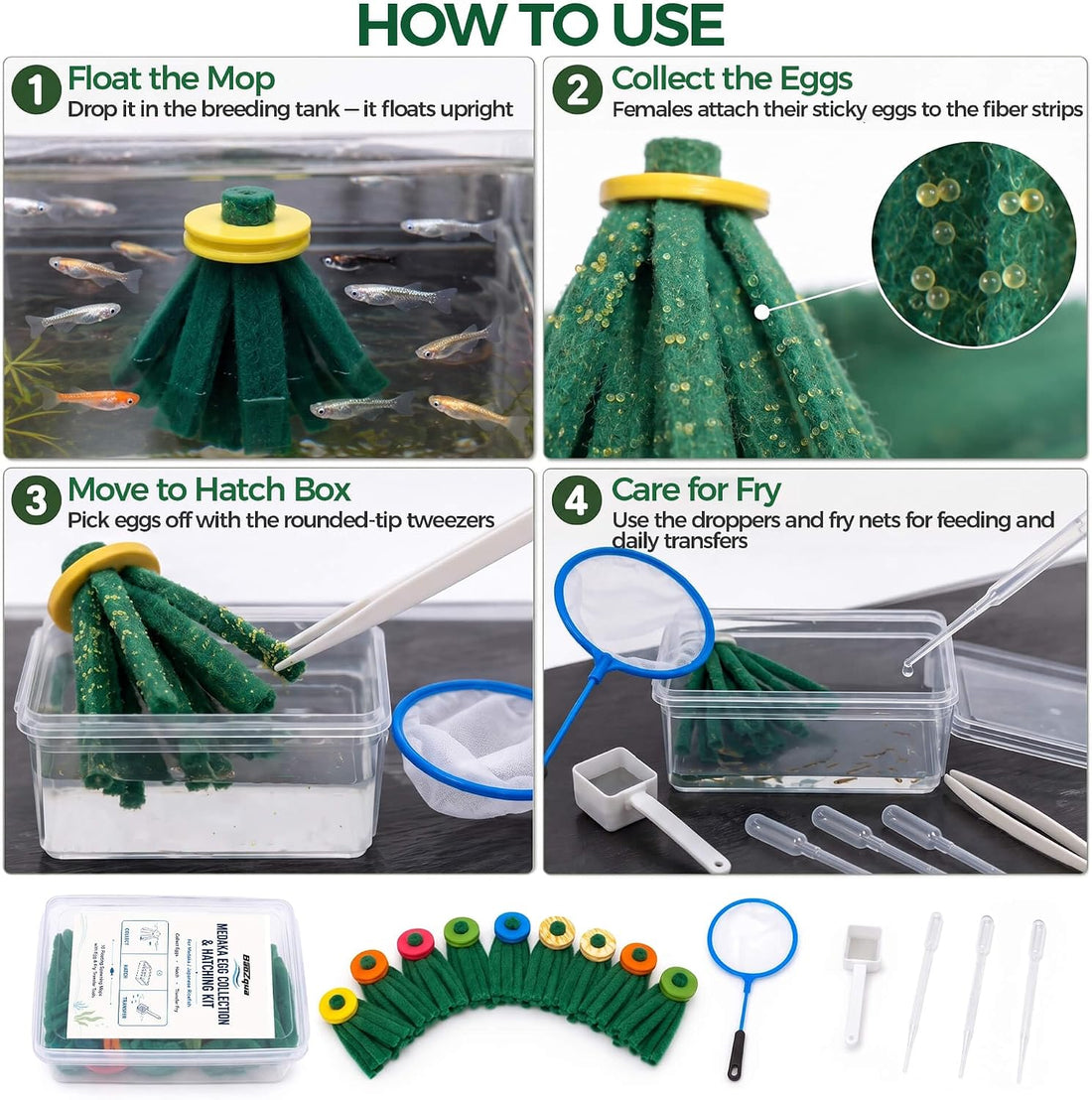 Medaka Spawning Mop Kit, 10 Floating Egg Collectors with Hatch Box
