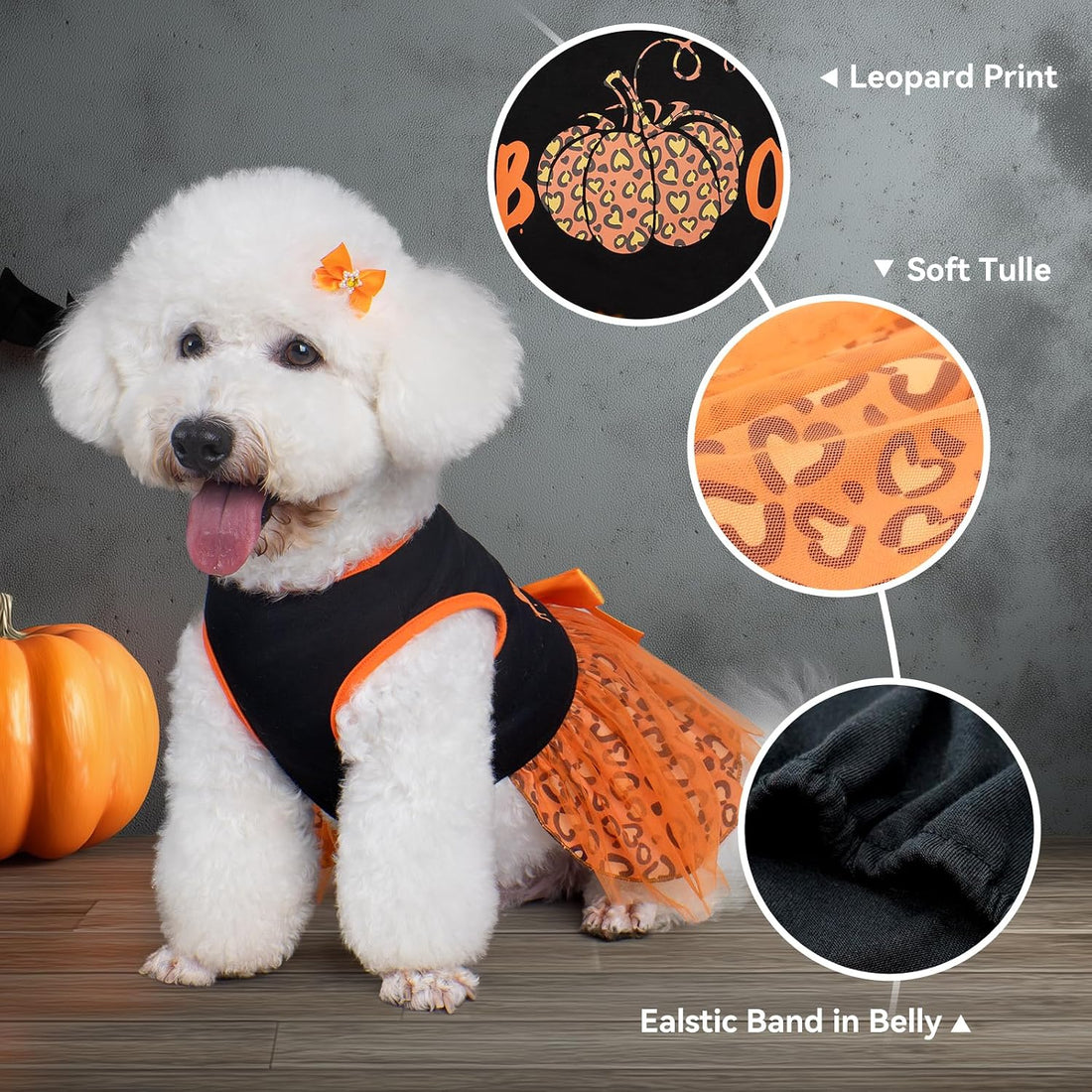 cyeollo Dog Halloween Dress, Pumpkin Print Tulle Outfit with Hair Bow