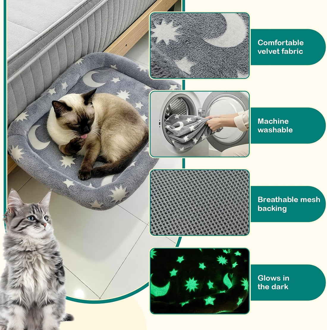 Bedside Cat Bed Attached to Human Bed with Glow in The Dark Stars