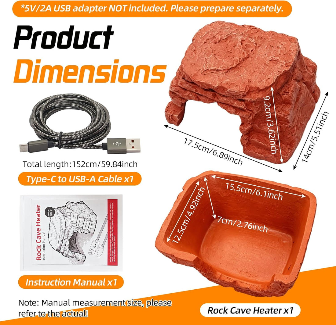 Heated Reptile Hide Cave USB 5V/2A Thermostat Heating Rock