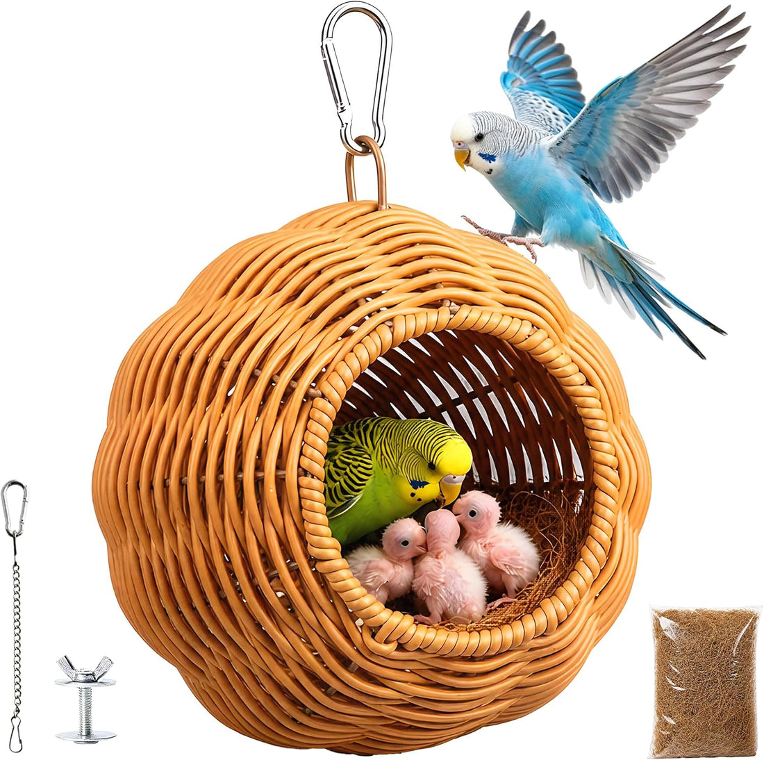 Bird Nest for Cage, Hanging Rattan Parakeet Nest，Washable Breathable