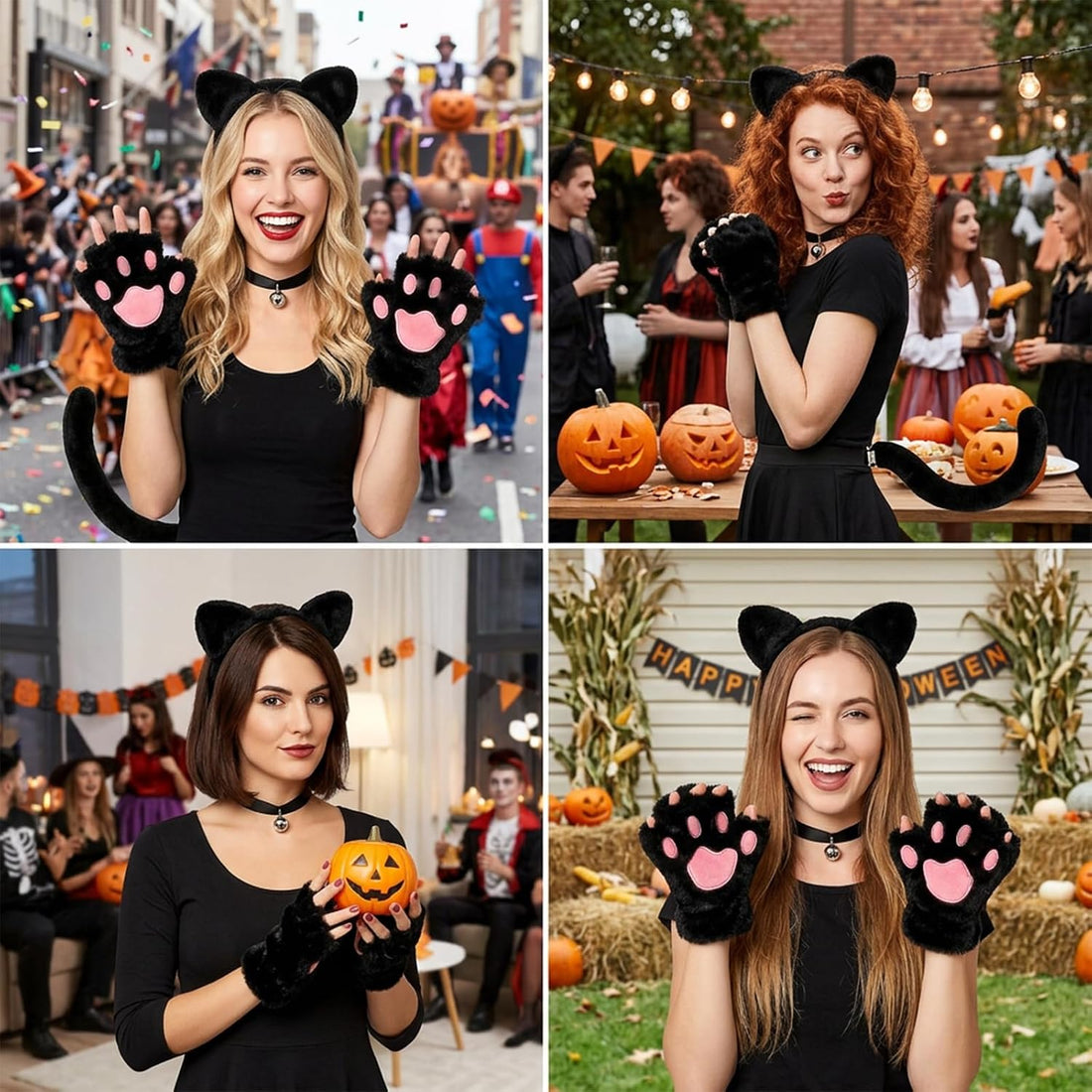 4PCS Black Cat Costumes, Halloween Costume, Cat Ears and Tail Set