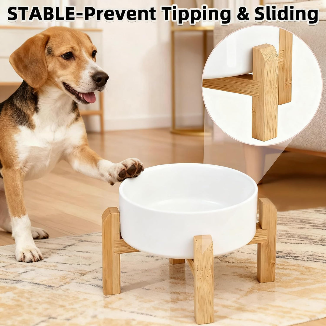 Elevated/Raised Ceramic Dog Bowl with Bamboo Stand，6 Inch 3.6 Cups