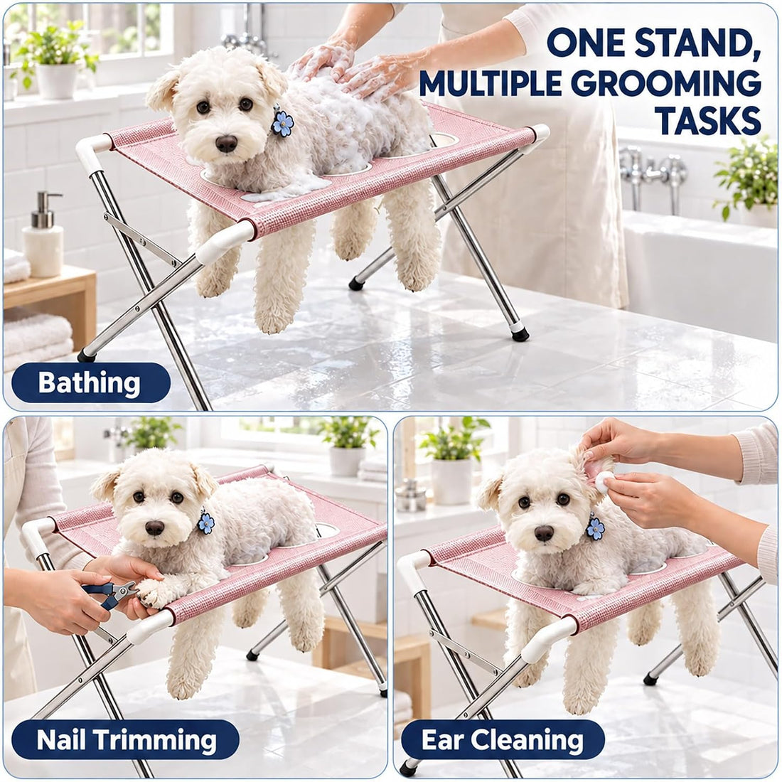 4-Hole Foldable Pet Grooming Hammock Stand with Tool Bag for Pets