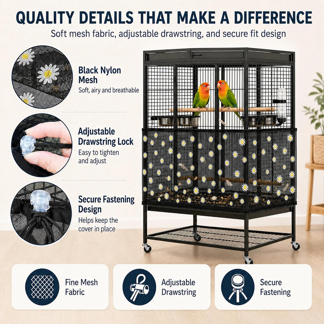 Large Bird Cage Seed Catcher Adjustable Nylon Mesh Bird Cage Net Cover