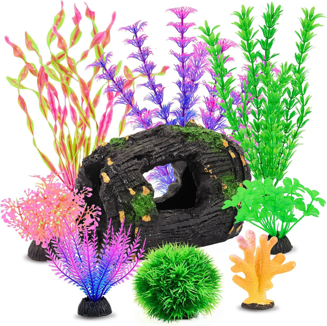 Betta Fish Tank Accessories, 9Pcs Soft Plant Decor with Barrel Cave