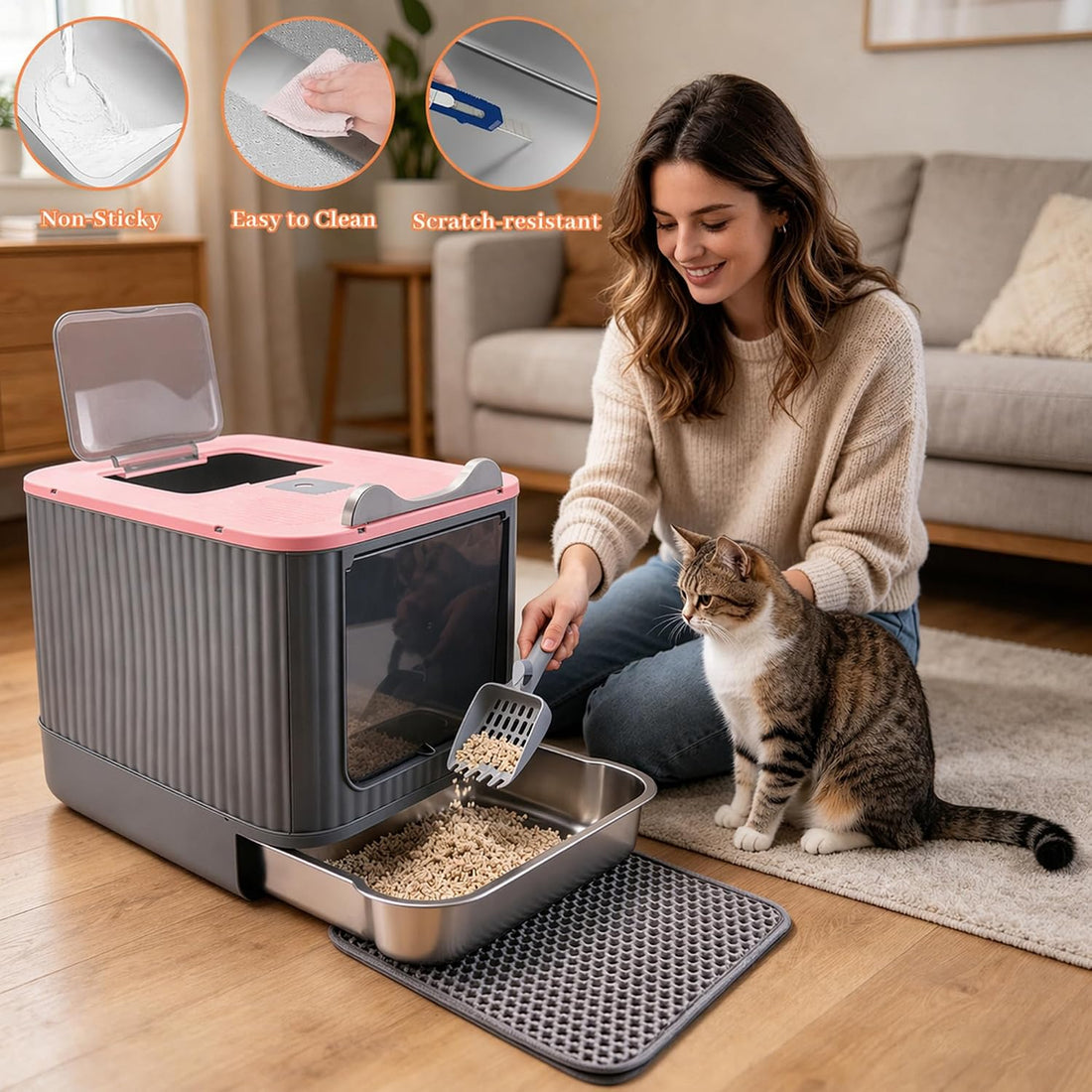 Stainless Steel Cat Litter Box Enclosed, Small, Dual Entry