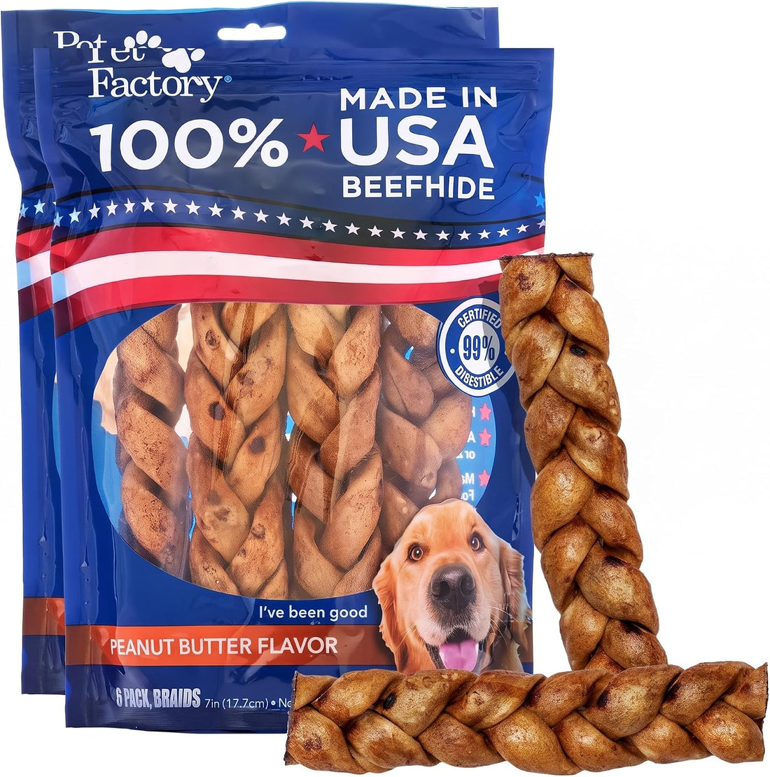 Pet Factory 7in Braided Beefhide Dog Chew Sticks with Peanut Butter