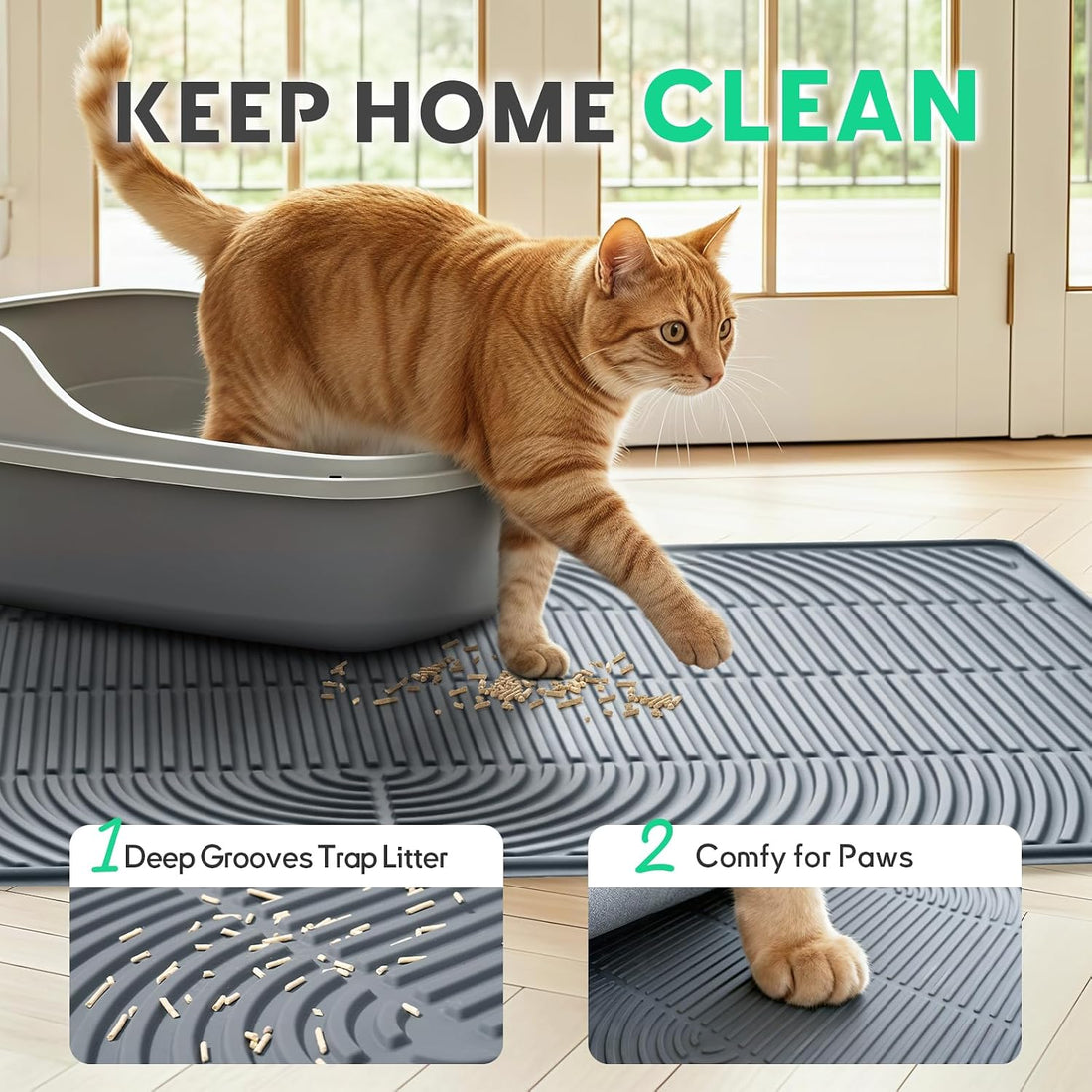Pawtasy Cat Litter Box Mat,47" x 35" Extra Large Silicone Waterproof