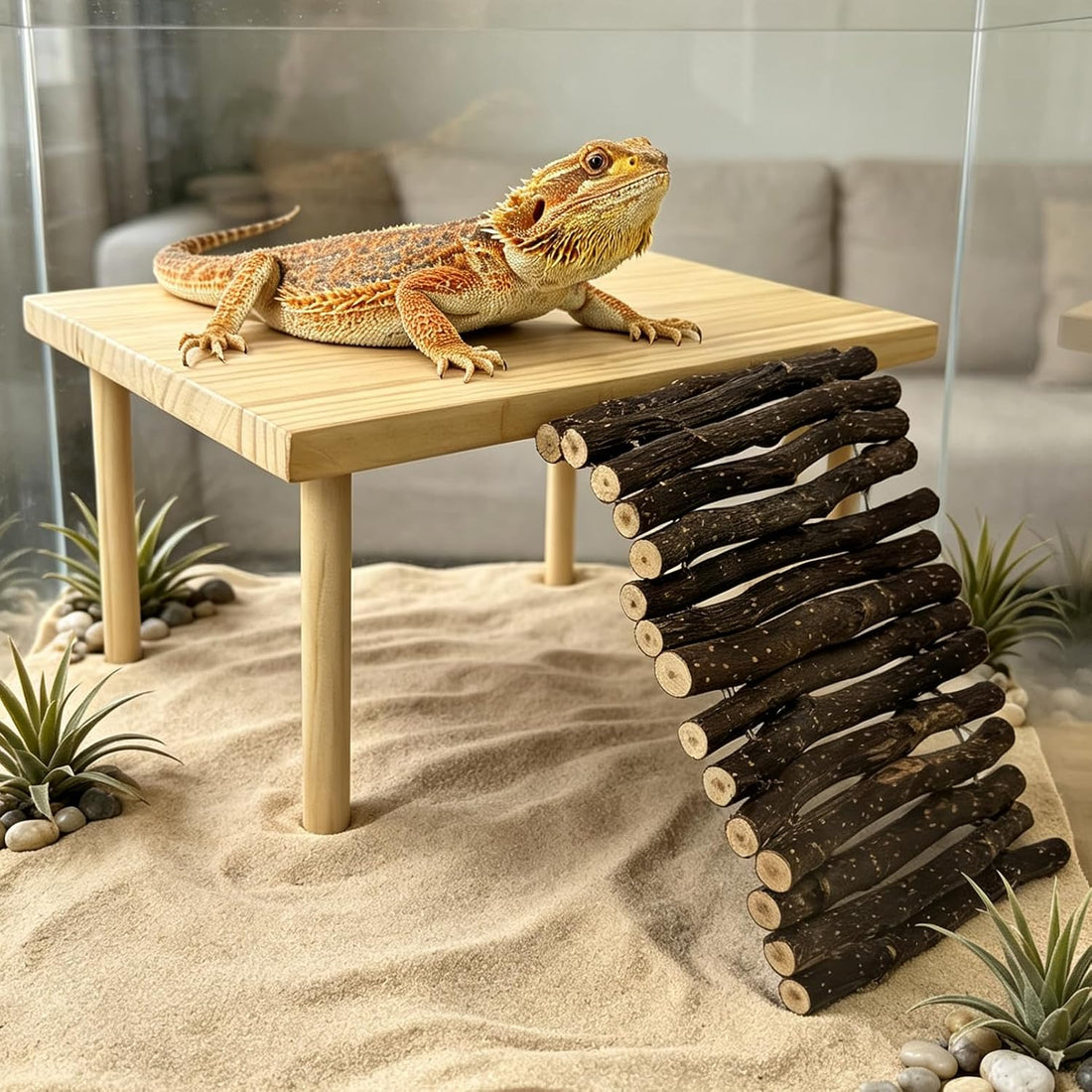 VCEPJH Wooden Bearded Dragon Basking Platform with Climbing Ramp, XL