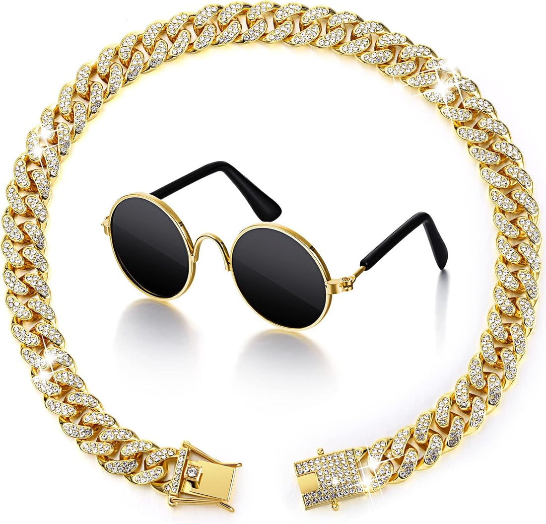 Xuniea 2 Pcs Pet Collar Set, Chain and Sunglasses