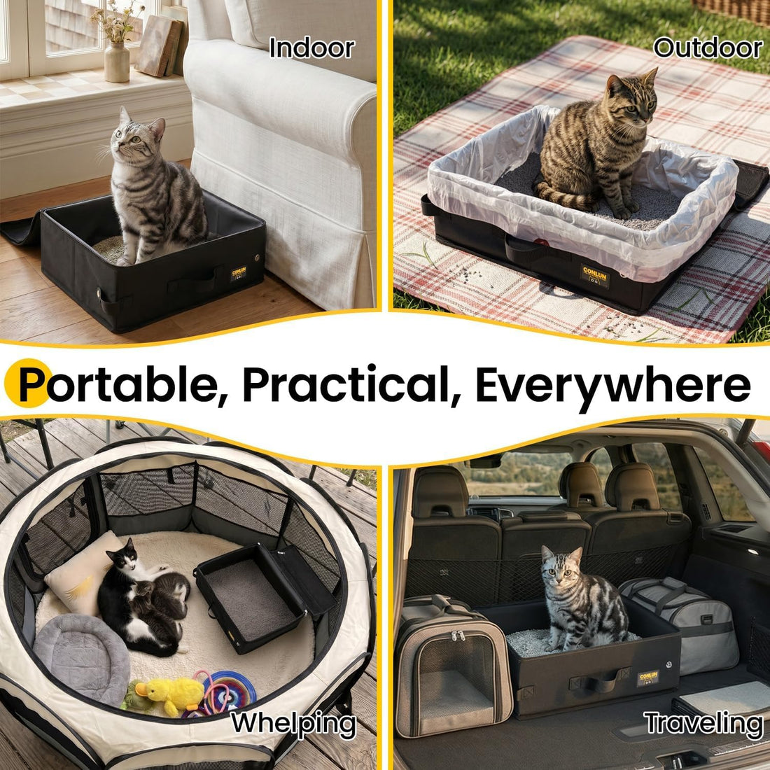 Conlun Portable Cat Litter Box for Travel, Foldable Leak-Proof