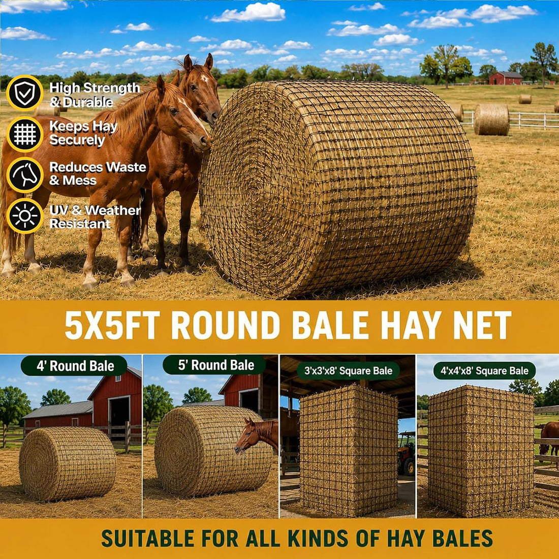 5x5 ft Round Bale Hay Net for Horses & Goats