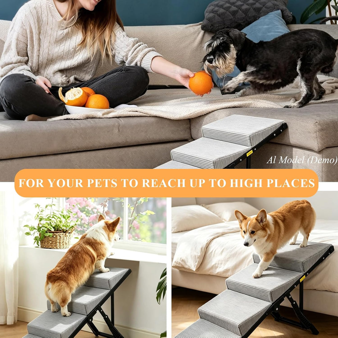 Adjustable Dog Ramp for Bed, 5-Level Pet Stairs 150 lbs Capacity