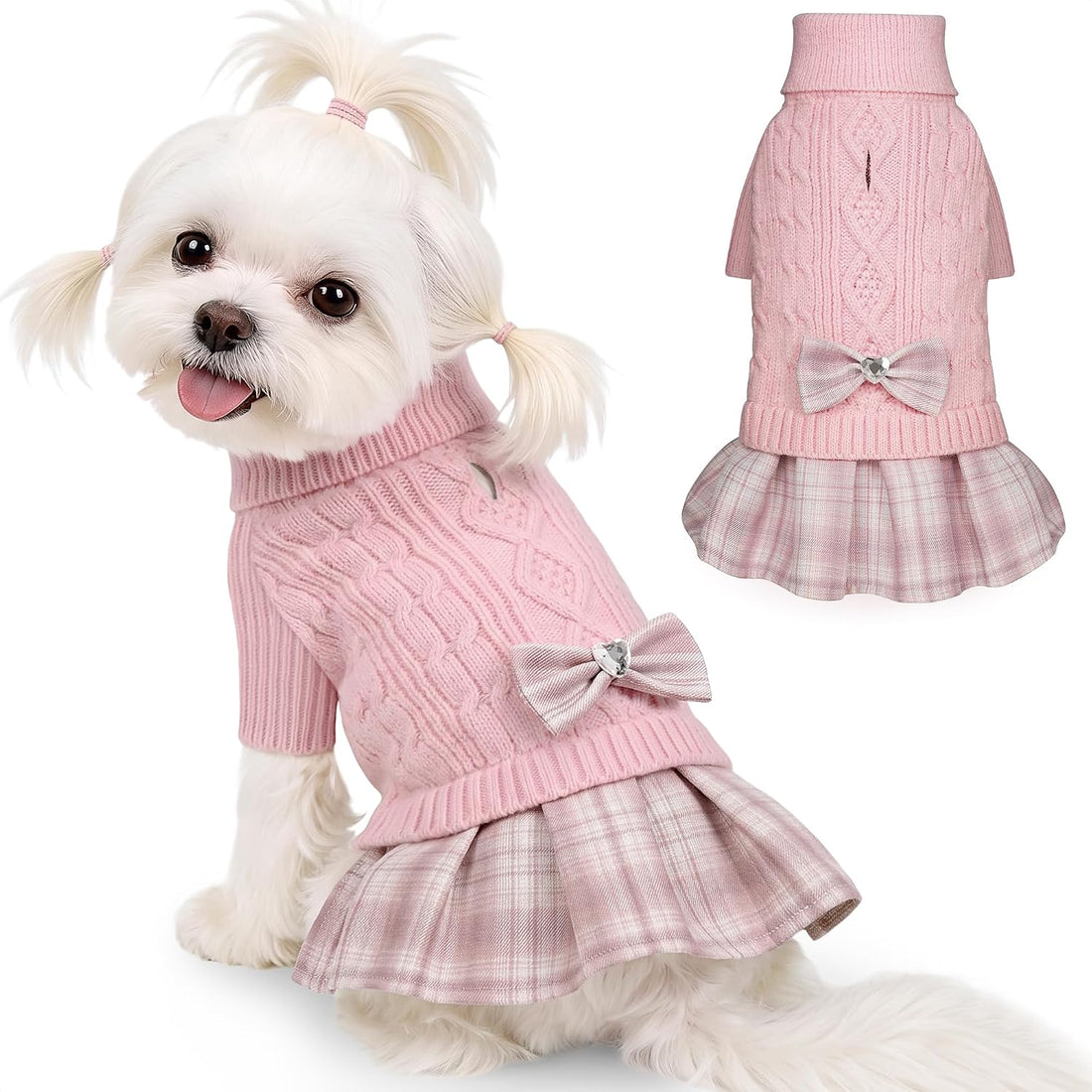 YUDODO Small Dog Sweater Dress with Bowtie Turtleneck Knitted Pet