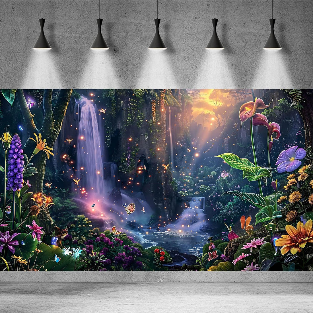 Fantasy Garden Aquarium Background Sunset Waterfall and Flowers