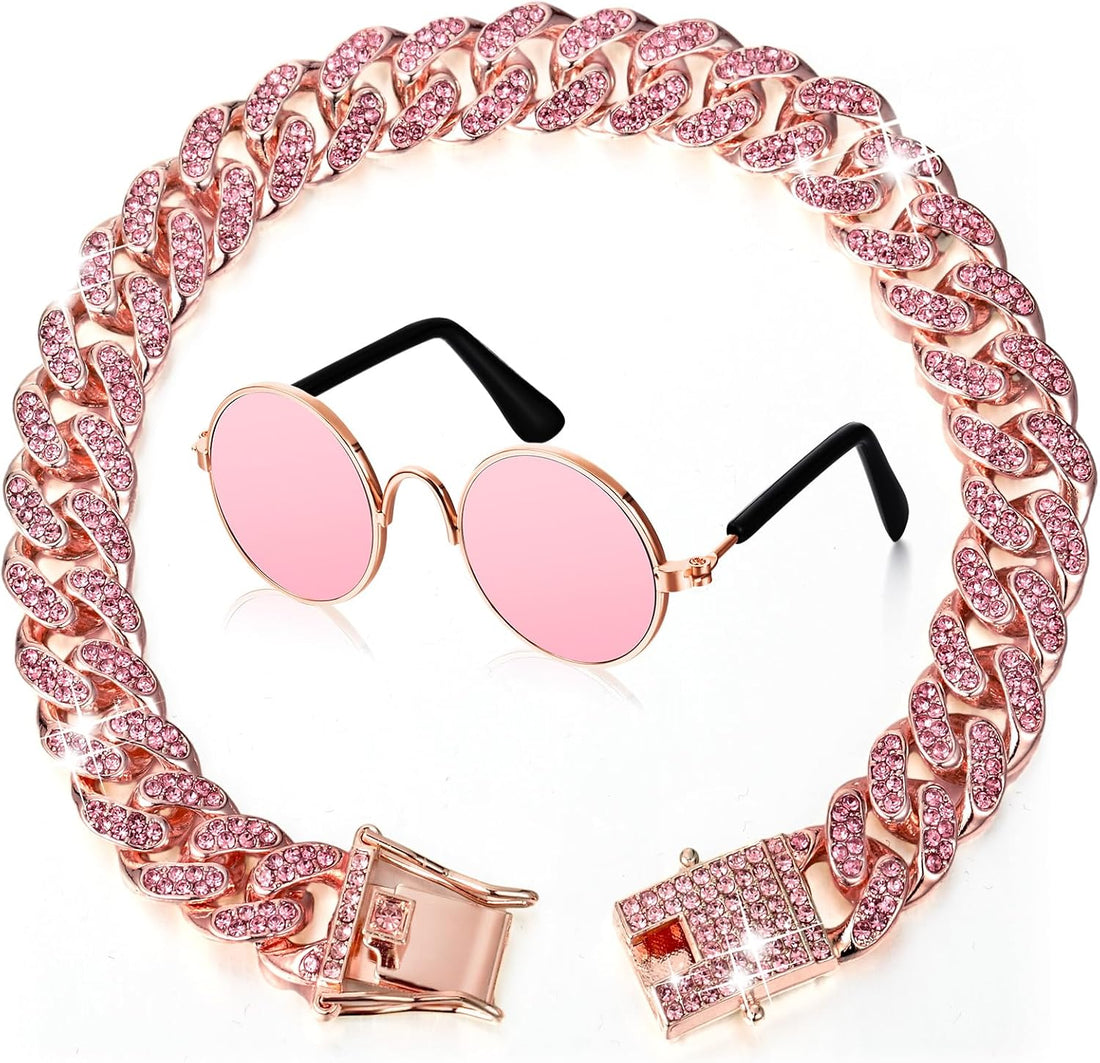 Xuniea 2 Pcs Pet Collar Set, Chain and Sunglasses