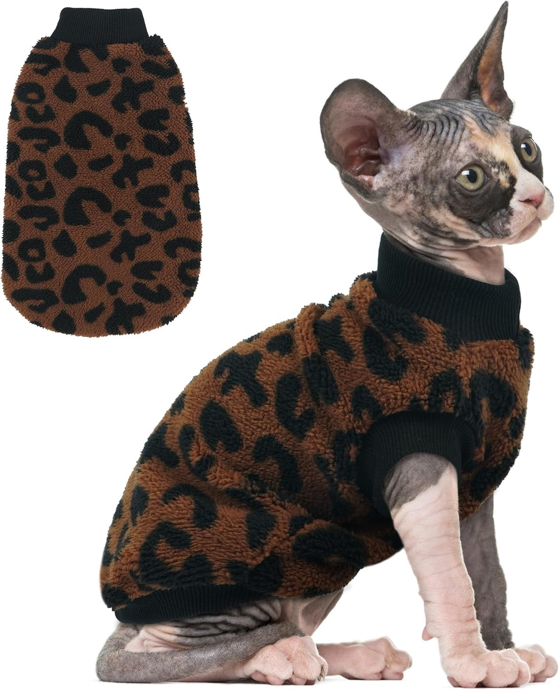 PUMYPOREITY Sphynx Cat Clothes, Thick Plush Fleece Sweater, Brown, M